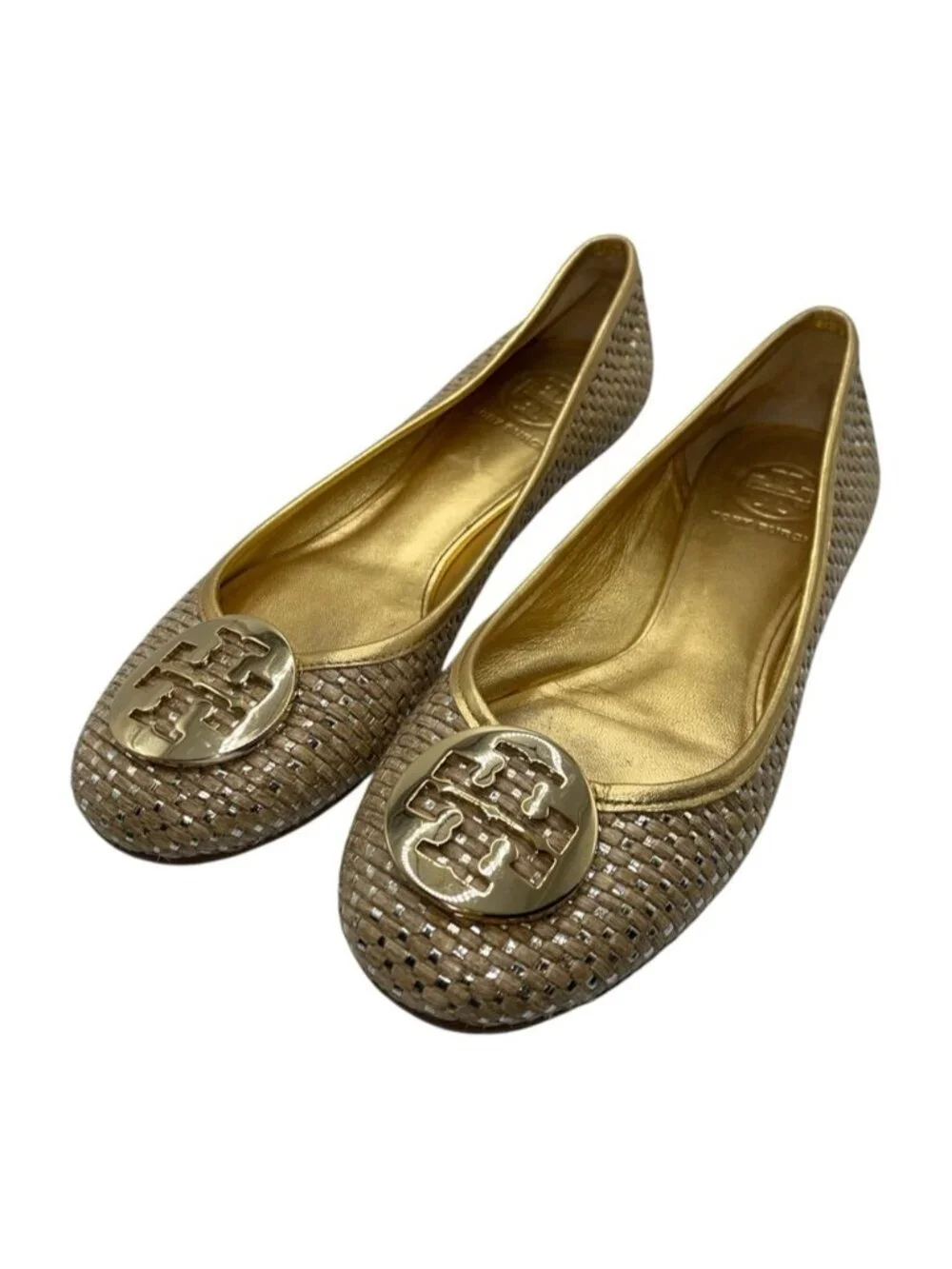 Tory Burch Reva Straw & Gold Leather Ballet Flats Medallion Women's Size 8 US
